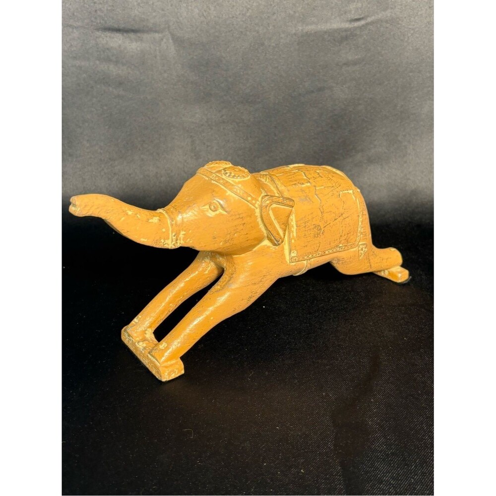 Vintage 11” Wooden Hand Carved, Hand Painted Elephant Indian Wood Trunk Up